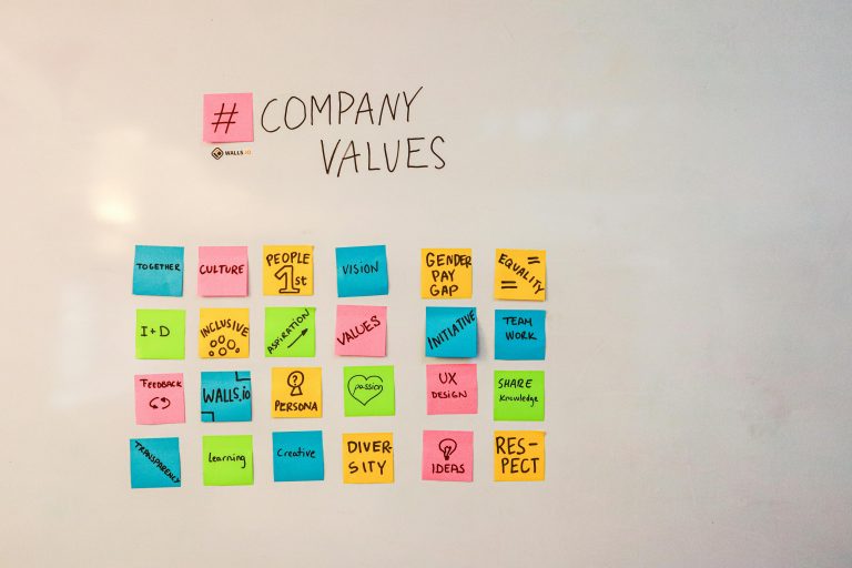 A whiteboard with colorful sticky notes displaying various company values and themes.